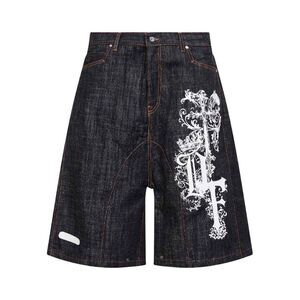 Pdf Men Dark Blue Printed Cotton Denim Biker Shorts